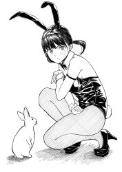 Rule 34 | 1girl, animal ears, bare shoulders, black bow, black bowtie, black footwear, black leotard, blush, bow, bowtie, crossed arms, detached collar, eyebrows hidden by hair, fake animal ears, fake tail, fishnet pantyhose, fishnets, greyscale, hair tie, hand on own leg, high heels, highleg, highleg leotard, highres, hiwatari rin, leotard, looking at viewer, looking back, low twintails, monochrome, original, pantyhose, playboy bunny, rabbit, rabbit ears, rabbit tail, short hair, simple background, squatting, strapless, strapless leotard, tail, twintails, white background, wrist cuffs