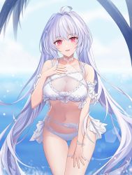 Rule 34 | 1girl, absurdres, ahoge, ain houfanghuashui, bare shoulders, beach, bikini, blue sky, breasts, cleavage, fate/grand order, fate (series), frilled bikini, frills, highres, lady avalon (fate), lady avalon (second ascension) (fate), long hair, looking at viewer, medium breasts, merlin (fate/prototype), navel, ocean, open mouth, palm tree, purple eyes, sky, smile, solo, swimsuit, thighs, tree, very long hair, white bikini, white hair