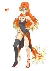 Rule 34 | 1girl, agnaktor, bare shoulders, blue eyes, blush, breasts, color guide, contrapposto, dress, full body, grey dress, hand on own hip, high heels, jewelry, long hair, looking at viewer, monster hunter (series), multicolored hair, necklace, ohta yuichi, orange footwear, orange hair, orange panties, panties, parted lips, personification, ponytail, simple background, single thighhigh, skindentation, small breasts, solo, standing, streaked hair, thighhighs, underwear, white background