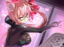 Rule 34 | 1girl, animal ear fluff, animal ears, black bodysuit, bodysuit, bow, breasts, card, closed mouth, fate/grand order, fate (series), fox ears, fox tail, glasses, hair between eyes, hair bow, hellnyaa, highres, koyanskaya (assassin) (first ascension) (fate), koyanskaya (fate), large breasts, long hair, looking at viewer, one eye closed, phantom thief, pink bow, pink hair, sidelocks, smile, solo, tail, tamamo (fate), very long hair, yellow eyes