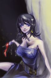 Rule 34 | 1girl, arc the lad, arc the lad ii, bare shoulders, black hair, blue eyes, breasts, cleavage, dress, earrings, female focus, high heels, jewelry, long hair, revelsoul, shante (arc the lad), solo, strapless, strapless dress