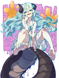 Rule 34 | 1girl, aqua eyes, aqua hair, aqua nails, arm between legs, bandage on thigh, barefoot, breasts, character request, cleavage, collarbone, commission, copyright request, dragon horns, dragon tail, eyelashes, fang, feet, foreshortening, frilled shirt, frilled shorts, frills, hair between eyes, hand up, highres, holding own tail, horns, invisible chair, legs, lingerie, long hair, nail polish, navel, open mouth, pointy ears, shadow, shirt, shorts, sidelocks, sitting, small breasts, soles, solo, spread toes, tail, toe scrunch, toenail polish, toenails, toes, underwear, ushiki yoshitaka