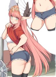 Rule 34 | 1girl, ass, black thighhighs, blush, bra, breasts, character request, clothes pull, copyright request, from behind, hand fan, head wings, long hair, looking at viewer, medium breasts, multiple views, navel, pink eyes, pink hair, pointy ears, red shirt, shirt, shirt pull, shiseki hirame, short shorts, shorts, sweat, thighhighs, underwear, white bra, white wings, wings