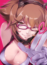 Rule 34 | 10s, 1girl, bad id, bad pixiv id, bespectacled, blowing kiss, brown hair, glasses, gloves, green eyes, heart, kantai collection, mutsu (kancolle), one eye closed, parted lips, pink-framed eyewear, pokimari, short hair, smile, solo, white gloves