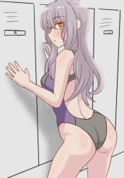 Rule 34 | 1girl, artist request, ass, back, bang dream!, bare shoulders, blush, breasts, competition swimsuit, green hair, highres, long hair, looking at viewer, minato yukina, one-piece swimsuit, small breasts, solo, standing, swimsuit, tagme, wet, yellow eyes