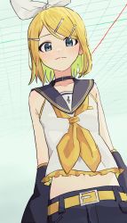 Rule 34 | 1girl, :3, belt, belt buckle, black choker, blonde hair, blue eyes, blush, bow, buckle, choker, detached sleeves, dutch angle, flat chest, from below, hair bow, hair ornament, hairclip, highres, kagamine rin, keylow, looking at viewer, looking down, midriff, navel, neckerchief, sailor collar, shirt, shorts, sleeveless, sleeveless shirt, smile, solo, treble clef, vocaloid, white bow, yellow neckerchief