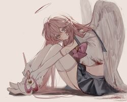 Rule 34 | 1girl, absurdres, bandaged arm, bandages, black skirt, blood, blood on clothes, blood on ground, bow, brown hair, halo, highres, long hair, looking at viewer, original, pink bow, sad, school uniform, shirt, skirt, solo, sushineko8, thighhighs, very long hair, white background, white shirt, white thighhighs, wings