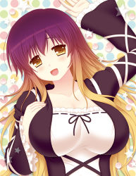 Rule 34 | 1girl, bad id, bad pixiv id, black dress, blonde hair, breasts, brown eyes, collarbone, commentary, cpu (hexivision), dress, gradient hair, hijiri byakuren, large breasts, layered dress, leg ribbon, long sleeves, looking at viewer, multicolored hair, open mouth, purple hair, ribbon, smile, solo, touhou, upper body, white dress, wide sleeves