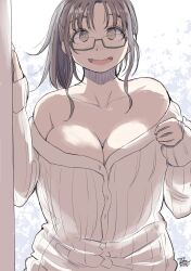 Rule 34 | :d, absurdres, bad hands, breasts, brown eyes, brown hair, cleavage, collarbone, dated, hadashi no kenji, hand up, highres, large breasts, long hair, long sleeves, looking at viewer, open mouth, original, semi-rimless eyewear, shirt, smile, standing, white shirt