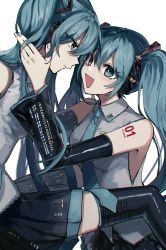 Rule 34 | 2girls, :d, absurdres, bare shoulders, black legwear, black skirt, black sleeves, blue eyes, blue hair, blue neckwear, blush, breasts, closed mouth, collared shirt, danjou sora, detached sleeves, eye contact, feet out of frame, grey shirt, hair between eyes, hatsune miku, headphones, highres, long hair, long sleeves, looking at another, multiple girls, necktie, open mouth, pleated skirt, shirt, simple background, skirt, sleeveless, sleeveless shirt, small breasts, smile, thighhighs, twintails, very long hair, vocaloid, white background, wide sleeves