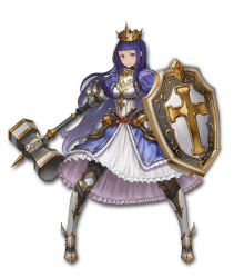 Rule 34 | 1girl, ankle wings, armor, armored dress, blue dress, blunt bangs, blush, breasts, commentary, crown, dress, english commentary, fantasy, faulds, fighting stance, frilled dress, frills, full body, gauntlets, greaves, green eyes, highres, holding, holding weapon, huge weapon, lexaiduer, light smile, long dress, long hair, long legs, looking at viewer, mallet, medium breasts, original, paladin, parody, puff and slash sleeves, puffy sleeves, purple hair, shield, solo, style parody, very long hair, weapon, white background, white dress, wings