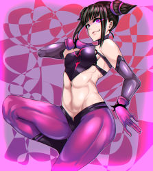 Rule 34 | 1girl, abs, absurdres, bare shoulders, black hair, blunt bangs, blush, bracelet, breasts, detached sleeves, drill hair, fingerless gloves, gloves, grin, halterneck, han juri, highres, hip focus, jewelry, navel, purple eyes, short hair with long locks, small breasts, smile, solo, spiked bracelet, spikes, stomach, street fighter, street fighter iv (series), thighs, twin drills