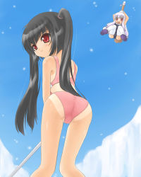 Rule 34 | 2girls, ass, black hair, competition swimsuit, golf, hide (rightstuff annex), kooh, multiple girls, one-piece swimsuit, one-piece tan, outdoors, pangya, red eyes, snow, swimsuit, tan, tanline, tiki (pangya), twintails