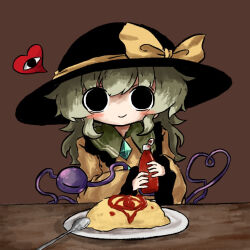 Rule 34 | 1girl, black eyes, black hat, blouse, blush, bottle, bow, buttons, closed mouth, diamond button, eyeball, frilled shirt collar, frilled sleeves, frills, hat, hat bow, hat ribbon, heart, heart of string, heripantomorrow, holding, holding bottle, ketchup, ketchup bottle, komeiji koishi, light green hair, long sleeves, looking at viewer, medium hair, plate, ribbon, shirt, simple background, smile, solo, spoon, table, third eye, touhou, upper body, wavy hair, wide sleeves, wooden table, yellow bow, yellow ribbon, yellow shirt