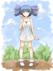 Rule 34 | 1girl, alternate costume, alternate hairstyle, bare arms, blue eyes, blue hair, blue sky, candy, cirno, cloud, collarbone, day, dress, food, hair ribbon, highres, ice, ice wings, lollipop, looking at viewer, matching hair/eyes, ribbon, shone, sky, sleeveless, sleeveless dress, solo, touhou, white dress, wings
