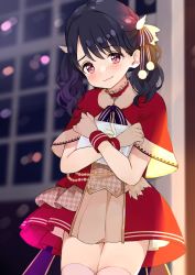 Rule 34 | 1girl, absurdres, black hair, blurry, blurry background, blush, capelet, commentary request, dress, fukumaru koito, gift, hair bobbles, hair ornament, hair ribbon, highres, holding, holding gift, hug, idolmaster, idolmaster shiny colors, looking at viewer, miniskirt, monon tulle, purple eyes, red dress, ribbon, short dress, skirt, solo, thighhighs, twintails, white thighhighs, wrist cuffs, zettai ryouiki