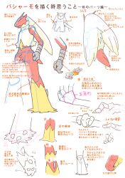 Rule 34 | artist request, blaziken, character sheet, claws, creatures (company), full body, game freak, gen 3 pokemon, highres, multiple views, nintendo, no humans, pokemon, pokemon (creature), sharp teeth, smile, solo, standing, tail, teeth, translation request