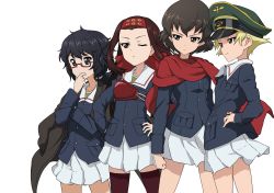 Rule 34 | 10s, 4girls, arm grab, black eyes, black footwear, black hair, black legwear, blonde hair, blue jacket, brown eyes, brown hair, caesar (girls und panzer), closed mouth, commentary request, cowboy shot, erwin (girls und panzer), from side, girls und panzer, glasses, green shirt, hand on own hip, hand on own chin, hands on own hips, haori, headband, highres, jacket, japanese clothes, kicchi (tmgk), light frown, long hair, long sleeves, messy hair, military, military uniform, miniskirt, multiple girls, muneate, one eye closed, ooarai military uniform, oryou (girls und panzer), parted lips, pleated skirt, pointy hair, red-framed eyewear, red headband, red scarf, saemonza (girls und panzer), scarf, semi-rimless eyewear, shirt, short hair, short ponytail, side-by-side, skirt, smile, standing, thighhighs, transparent background, under-rim eyewear, uniform, white skirt