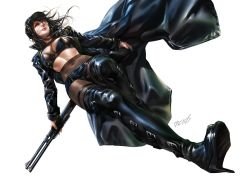 Rule 34 | 1girl, black bra, black jacket, black pantyhose, boots, bra, breasts, cleavage, commentary, covered navel, dcwj, english commentary, eyepatch, from below, full body, gun, hat, high heel boots, high heels, highres, holding, holding gun, holding weapon, jacket, large breasts, leather, leather boots, leather jacket, lips, lipstick, long coat, makeup, messy hair, midriff, nose, one-eyed, open clothes, open jacket, pantyhose, peaked cap, riot reiko, shiny clothes, short shorts, shorts, shotgun, solo, stiletto heels, thigh boots, thighhighs, tokyo rogue, underwear, weapon, white background, wind, wind lift