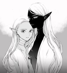 Rule 34 | 2girls, black skin, breasts, closed mouth, colored skin, commentary, dark-skinned female, dark skin, dungeon meshi, elf, elf queen (dungeon meshi), extra, eyelashes, greyscale, hair behind ear, highres, jewelry, long hair, looking at viewer, monochrome, multiple girls, neck ring, pointy ears, queen shimea, sami (3a3i3a3i), straight hair, symbol-only commentary, symbol-shaped pupils, upper body