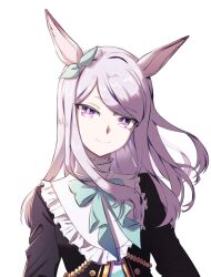 Rule 34 | 1girl, animal ears, black coat, bow, bowtie, breasts, closed mouth, coat, ear bow, highres, horse ears, korean commentary, long hair, long sleeves, looking at viewer, mejiro mcqueen (umamusume), purple eyes, purple hair, sidelighting, simple background, small breasts, smile, solo, taisaaa, umamusume, upper body, white background