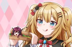 Rule 34 | 2girls, :q, absurdres, ahoge, akai haato, akai haato (gothic lolita), blonde hair, blush, bow, commentary, english commentary, food, hair ornament, heart, heart hair ornament, heterochromia, highres, holding, holding food, hololive, hololive english, horns, irys (hololive), jan azure, licking lips, long hair, mini person, minigirl, multiple girls, purple eyes, red bow, sandwich, smile, surprised, tongue, tongue out, two side up, virtual youtuber, you gonna get eaten