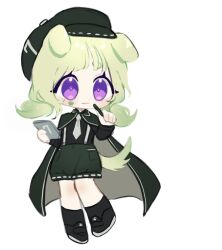 Rule 34 | 1girl, animal ears, black shirt, cabbie hat, closed mouth, dog ears, dog tail, full body, green hair, green hat, green shorts, hat, highres, limbus company, long sleeves, medium hair, necktie, original, paw print-shaped pupils, project moon, purple eyes, saccharhythm, shirt, short twintails, shorts, simple background, smile, solo, symbol-shaped pupils, tail, twintails, white background, white necktie