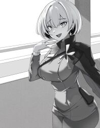 Rule 34 | + +, 1girl, :d, blush, breasts, cape, cowboy shot, dress, earrings, gloves, goddess of victory: nikke, greyscale, highres, jewelry, large breasts, liliweiss (nikke), looking at viewer, mikkotine, military uniform, monochrome, open mouth, pantyhose, short hair, smile, smug, solo, star-shaped pupils, star (symbol), symbol-shaped pupils, uniform