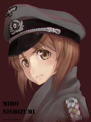 Rule 34 | 10s, 1girl, 2016, absurdres, black background, brown eyes, brown hair, character name, coat, dated, english text, from side, frown, german clothes, girls und panzer, grey coat, grey hat, hat, highres, jinguuji (jinguji443), looking at viewer, matching hair/eyes, military, military uniform, nishizumi miho, peaked cap, portrait, serious, short hair, simple background, solo, uniform