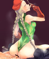 Rule 34 | 1girl, ahoge, ass, bakuya, beret, blonde hair, blue eyes, blush, boots, braid, breasts, buttjob, buttjob over clothes, cammy white, camouflage, censored, combat boots, cum, cum on body, cum on stomach, fingerless gloves, girl on top, gloves, hat, highres, huge ahoge, huge ass, leotard, licking, licking finger, long hair, looking back, penis, pointless censoring, sitting, small breasts, steam, straddling, street fighter, sweat, thong leotard, twin braids, wariza, wet, wet clothes