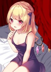 Rule 34 | 1girl, alternate costume, alternate hairstyle, between legs, blurry, blush, braid, crystal, depth of field, eyes visible through hair, fang, flandre scarlet, french braid, from above, hand between legs, highres, looking at viewer, no headwear, no headwear, one side up, open mouth, pink eyes, shinonome asu, sitting, solo, touhou, wings