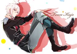 Rule 34 | 1boy, arm behind head, boots, character name, circle, cursive, epaulettes, hand on own knee, idolish7, kujou tenn, looking at viewer, male focus, necktie, pink eyes, pink hair, red necktie, solo, sono (sononew)