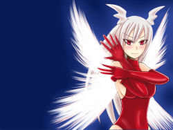 Rule 34 | 1girl, bare shoulders, blush, breasts, elbow gloves, female focus, final fantasy, final fantasy tactics, gloves, gradient background, grey hair, head wings, long hair, rawza, red eyes, solo, ultima (fft), wings