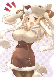 Rule 34 | &gt;:d, 10s, 1girl, :d, ^^^, animal hat, bell, black pantyhose, blush, boots, breasts, brown eyes, buttons, daetta (granblue fantasy), draph, fang, female focus, fur trim, gloves, granblue fantasy, hat, horns, large breasts, light brown hair, long hair, monikon13, open mouth, pantyhose, pointy ears, smile, solo, twitter username, unitard, v-shaped eyebrows