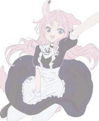 Rule 34 | 1girl, animal ear fluff, animal ears, archived source, arm up, bad id, bad twitter id, black footwear, blue eyes, blush, ear piercing, fang, frills, gloves, grey background, grey pantyhose, hair between eyes, highres, inuyayo, long hair, looking at viewer, maid, open mouth, original, pantyhose, piercing, pink hair, puffy sleeves, simple background, smile, solo, tail, white background, white gloves