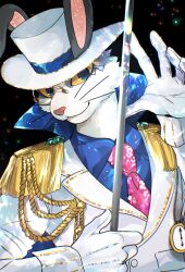 Rule 34 | 1boy, aiguillette, animal ears, blue eyes, blue shirt, body fur, cane, closed mouth, coat, collared shirt, colored sclera, epaulettes, furry, furry male, gloves, hands up, high collar, highres, holding, holding cane, looking at viewer, male focus, monocle, necktie, pink necktie, rabbit (the masked singer), rabbit boy, rabbit ears, rata (norahasu), shirt, smile, the masked singer, whiskers, white coat, white fur, white gloves, yellow sclera