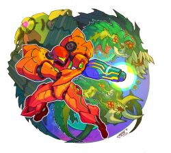 Rule 34 | alpha metroid, arm cannon, armor, artist name, character request, check character, commentary, dated, diggernaut, energy, english commentary, extra eyes, full armor, gamma metroid, helmet, mandibles, metroid, metroid: samus returns, metroid (creature), monster, nintendo, omega metroid, open mouth, pauldrons, power armor, power suit, power suit (metroid), red eyes, robot, samus aran, sharp teeth, shoulder armor, signature, teeth, tomycase, varia suit, visor (armor), weapon, white background, zeta metroid