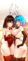 Rule 34 | 2girls, animal ears, ass, bare shoulders, black gloves, black leotard, black thighhighs, blue hair, bow, bowtie, breasts, brown hair, cameltoe, cleavage, cleft of venus, copyright request, covered navel, cowboy shot, detached collar, elbow gloves, embarrassed, fake animal ears, fake tail, gloves, hairband, hand on own hip, highleg, highleg leotard, highres, large breasts, leotard, mal poi, multiple girls, open mouth, playboy bunny, rabbit ears, rabbit tail, red gloves, red leotard, red thighhighs, sideboob, skindentation, smile, standing, sweatdrop, tail, thighhighs, thighs, white hairband