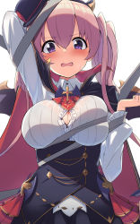 Rule 34 | 1girl, absurdres, arm up, black hat, blush, bound, breasts, cape, collared shirt, corset, fang, hair between eyes, hand up, hat, high collar, highres, large breasts, long hair, looking at viewer, maza kisuke, mini hat, open mouth, pink hair, princess connect!, purple eyes, shirt, skindentation, solo, tilted headwear, tsumugi (halloween) (princess connect!), tsumugi (princess connect!), twintails, vampire costume, wings