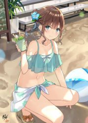 Rule 34 | 1girl, ball, beach, beachball, bikini, blue eyes, blue flower, blush, brown footwear, brown hair, closed mouth, commentary request, cup, disposable cup, floral print, flower, green bikini, hair between eyes, hair bun, hair flower, hair ornament, hand up, heel up, holding, holding cup, miko fly, navel, original, ponytail, sand, sandals, sarong, smile, solo, squatting, swimsuit