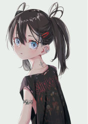 Rule 34 | 1girl, absurdres, band shirt, blue eyes, brown hair, child, earrings, from side, gishiki (gshk), hair between eyes, hair ornament, hairclip, highres, jewelry, looking at viewer, medium hair, merchandise, multiple piercings, necklace, origami, original, paper crane, parted lips, petite, simple background, slipknot, solo, tattoo, twintails, upper body, white background