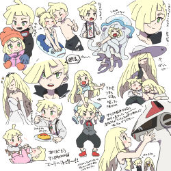 Rule 34 | 1boy, 2girls, aged down, baby, black male swimwear, black pants, black swim trunks, black vest, blonde hair, blue gloves, blush, braid, brother and sister, closed eyes, coat, creatures (company), dress, eating, food, from side, game freak, gen 7 pokemon, gladion (pokemon), gloves, green eyes, hair over one eye, hat, highres, legendary pokemon, lillie (pokemon), long hair, long sleeves, lusamine (pokemon), male swimwear, mittens, mother and daughter, mother and son, multiple girls, nihilego, nintendo, one-piece swimsuit, open mouth, orange headwear, pants, plate, pokemon, pokemon (anime), pokemon (creature), pokemon sm (anime), shirt, short sleeves, siblings, silvally, simple background, sketch, sleeping, sleeveless, sleeveless dress, sun hat, swim trunks, swimsuit, tears, translation request, twin braids, ukata, ultra beast, vest, wedding dress, white background, white dress, white headwear, white one-piece swimsuit, white shirt