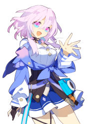 Rule 34 | 1girl, archery shooting glove, belt, black gloves, blue eyes, blue skirt, breasts, camera, commentary, cowboy shot, cyenmi3, gloves, highres, honkai: star rail, honkai (series), jacket, march 7th (honkai: star rail), medium breasts, multicolored clothes, multicolored jacket, open mouth, partially fingerless gloves, pink eyes, pink jacket, pleated skirt, purple belt, purple jacket, short hair, short hair with long locks, sidelocks, simple background, skirt, smile, solo, thigh strap, tied jacket, twitter username, two-tone eyes, two-tone jacket, waving, white background