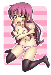 Rule 34 | 1girl, bare shoulders, black thighhighs, blush, bow, bow panties, breasts, cleavage, collarbone, covering breasts, covering privates, embarrassed, highres, legs, long hair, medium breasts, navel, no bra, open mouth, original, panties, pink background, pink hair, pink panties, polka dot, polka dot panties, sitting, socks, solo, striped background, sweatdrop, thighhighs, underwear, very long hair, yellow eyes, zeshgolden