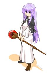 Rule 34 | 1girl, black cloak, circlet, cloak, commentary request, dress, fire emblem, fire emblem: genealogy of the holy war, full body, holding, holding staff, julia (fire emblem), long hair, looking at viewer, nintendo, purple eyes, purple hair, simple background, solo, staff, standing, white dress, yukia (firstaid0)