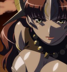 Rule 34 | 1girl, armor, bare shoulders, bikini armor, breasts, claudette (queen&#039;s blade), cleavage, closed mouth, earrings, eyebrows, female focus, forehead protector, green eyes, highres, jewelry, large breasts, lips, long hair, looking at viewer, necklace, outdoors, queen&#039;s blade, red hair, shiny skin, solo, stitched, third-party edit