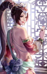 Rule 34 | 1girl, absurdres, backless outfit, blue eyes, breasts, brown hair, diao chan, high ponytail, highres, indoors, long hair, looking at viewer, looking back, official art, ponytail, shin sangoku musou, solo