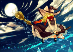 Rule 34 | 1girl, bad id, bad pixiv id, blonde hair, broom, broom riding, female focus, flying, gradient background, hat, kirisame marisa, kol49, mary janes, moon, night, outdoors, perfect cherry blossom, scarf, shoes, short hair, skirt, sky, solo, touhou, witch, witch hat, yellow eyes