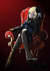 Rule 34 | 1girl, ao (korindou), asymmetrical bangs, black hat, black pantyhose, blonde hair, blue capelet, blue dress, blue eyes, boots, brown footwear, brown gloves, capelet, closed mouth, crossed legs, dress, fate (series), full body, gloves, hat, long hair, lord el-melloi ii case files, pantyhose, reines el-melloi archisorte, short dress, single boot, sitting, smile, solo, straight hair, thighhighs