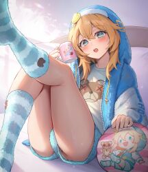Rule 34 | 1boy, absurdres, adapted costume, animal print, bear print, bed sheet, blonde hair, blue eyes, blue hoodie, blue shorts, blue socks, blush, bridget (guilty gear), commentary request, cup, guilty gear, guilty gear strive, hakusyokuto, highres, holding, holding cup, hood, hoodie, knee up, kneehighs, leg up, looking at viewer, loungewear, male focus, mug, on bed, open mouth, paid reward available, panties, panty peek, print shirt, shirt, short shorts, shorts, sitting, socks, solo, thighs, trap, underwear, white panties, white shirt